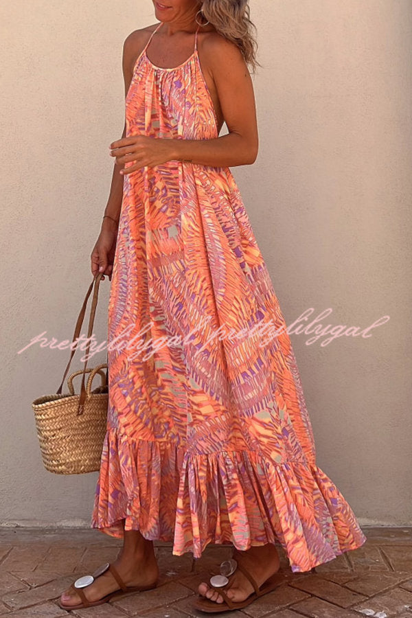 Sunita Ethnic Print A-line Halter Tassel Vacation Maxi Dress