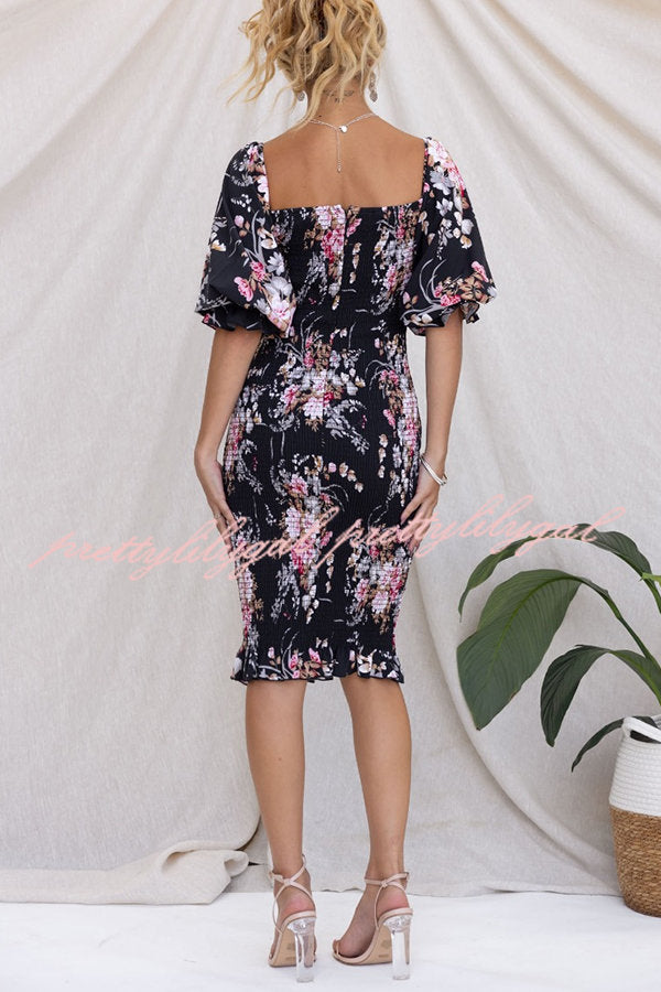 Midnight Beauty Floral Smocked Midi Dress