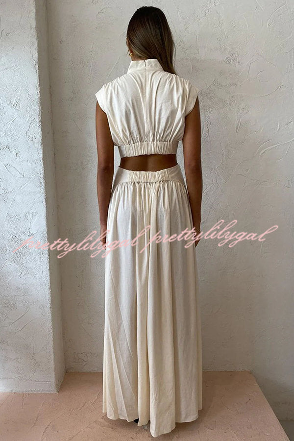 On Vacay Mode Cotton Blend Cutout Elastic Waist Pocketed Maxi Dress