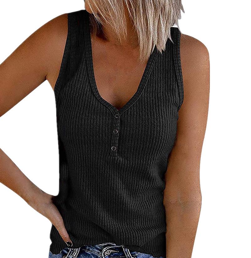 Solid V Neck Buttons Sleeveless Top