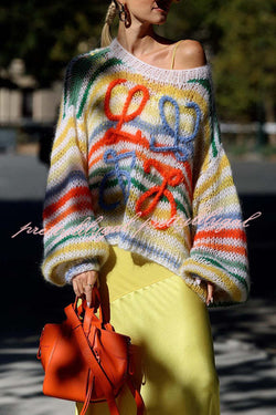 Sunset Cosy Knit Rainbow Contrast Striped Hollow Out Loose Sweater