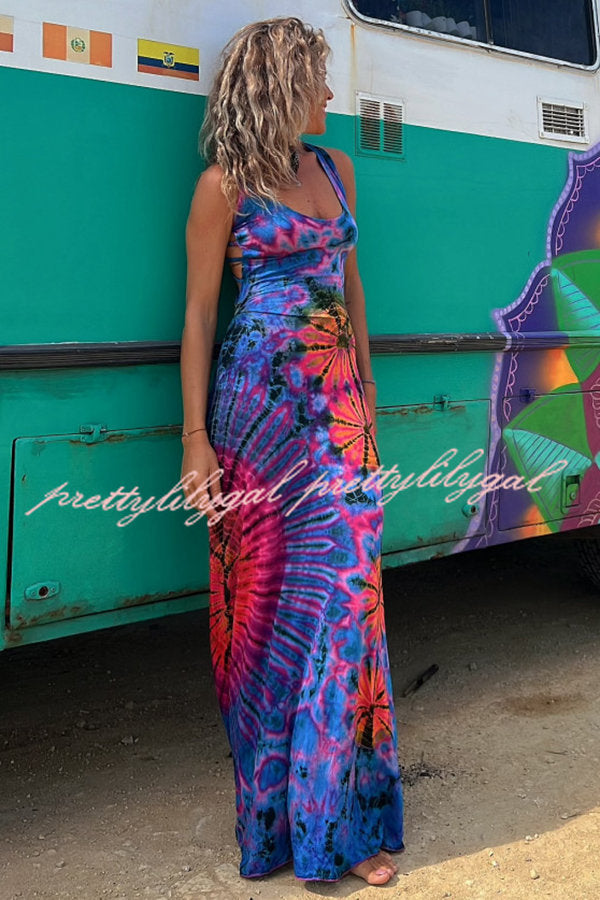 La Bamba Tie-dye Print Back Lace-up Stretch Maxi Dress