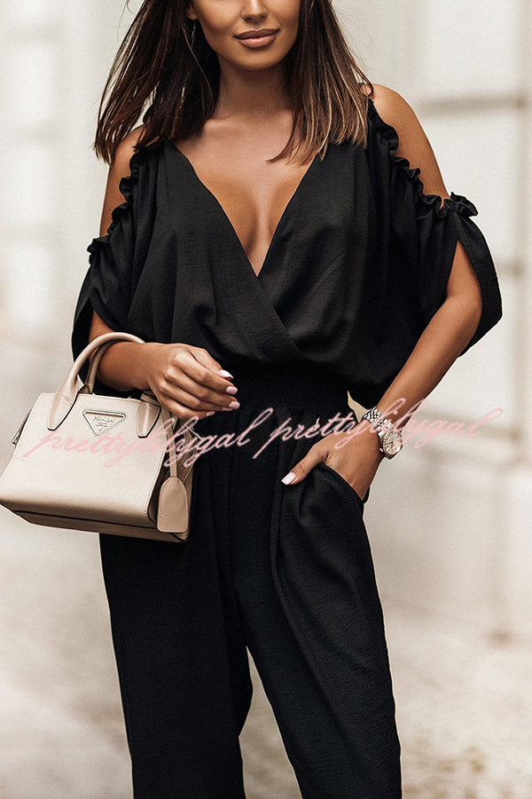 Wonderful Ideas Ruffle Cold Shoulder Jumpsuit