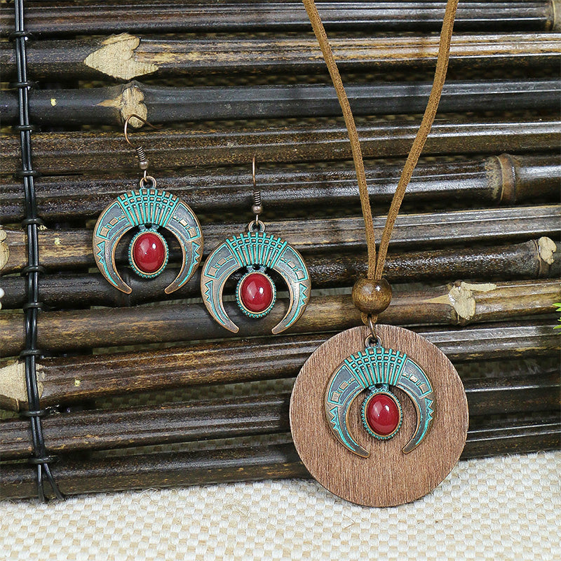 Vintage Crescent Inlaid Turquoise Earrings Bohemian Ethnic Necklace Set