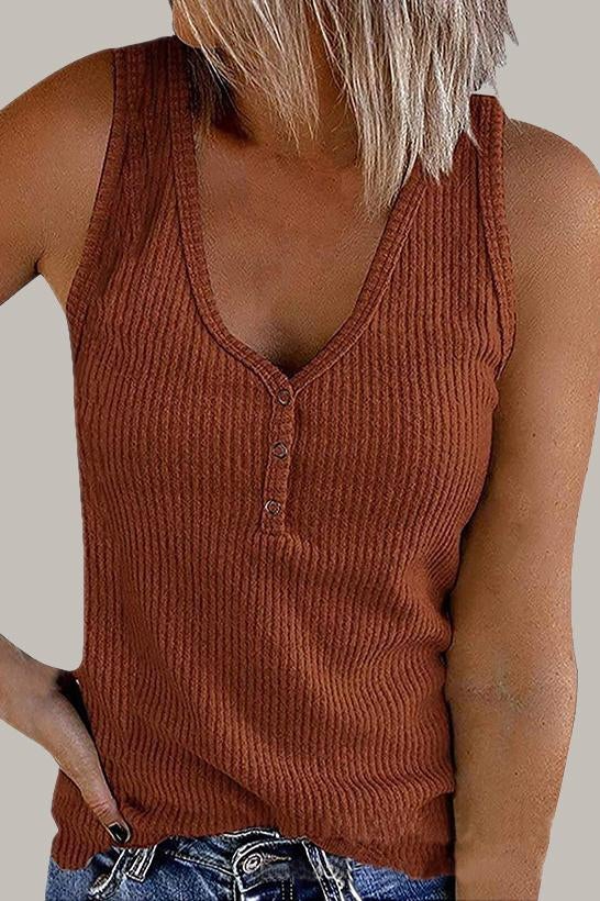 Solid V Neck Buttons Sleeveless Top