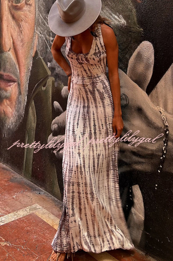 Modern Day Tie-dye Print Back Lace-up Stretch Maxi Dress