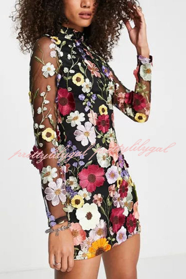 Elegantly Enchanted Floral Applique Backless Long Sleeve Mini Dress