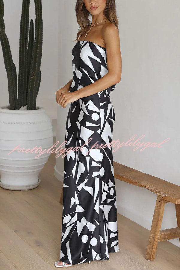 Cassy Satin Geometric Print Off Shoulder Maxi Dress