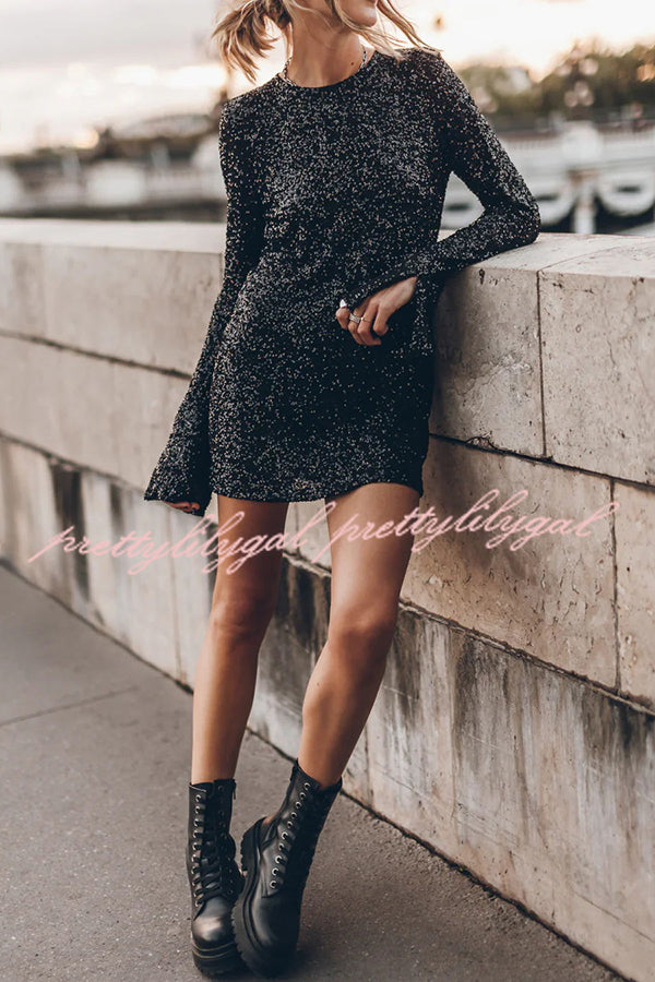 Flash Focus Sequin Extra Long Slit Sleeves Open Back Mini Dress