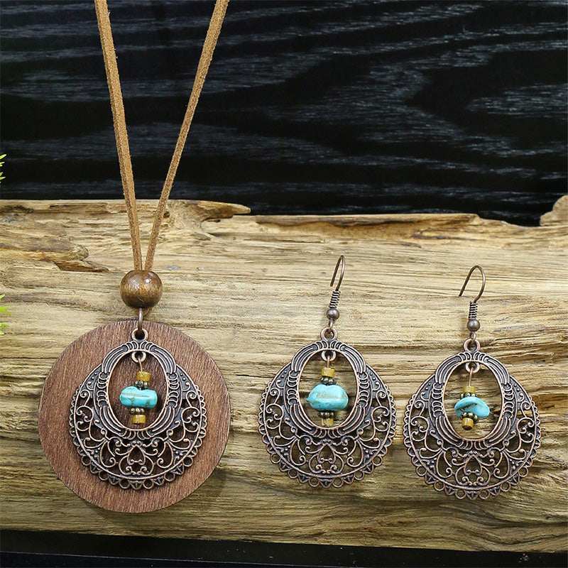 Ethnic Vintage Alloy Wood Pendant Pendant Geometric Earring Set