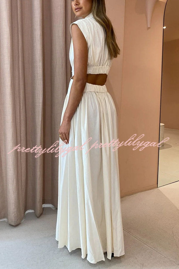 On Vacay Mode Cotton Blend Cutout Elastic Waist Pocketed Maxi Dress