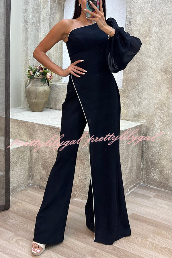 Fashion Diary Asymmetrical Design Diamond Trim One Shoulder Party Jumpsuit