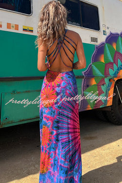 La Bamba Tie-dye Print Back Lace-up Stretch Maxi Dress