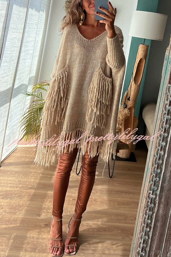 Coming with You Knit Tassel Trim Pocketed Loose Sweater