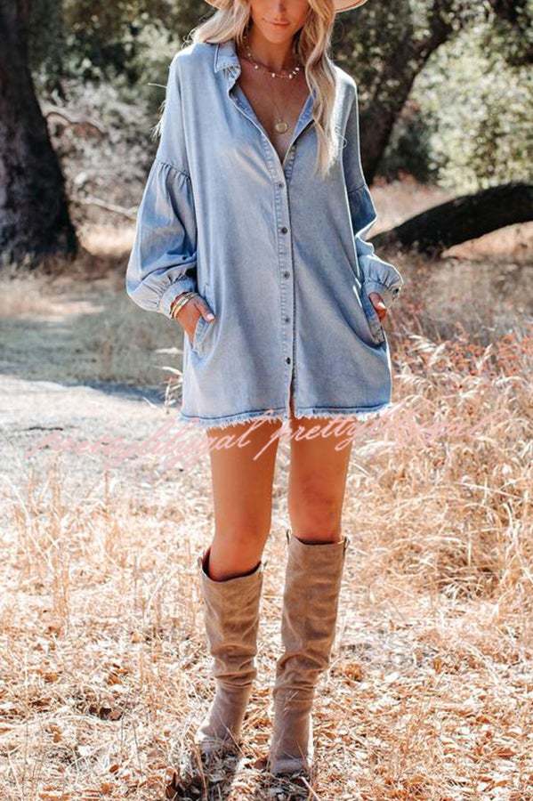 Madden Pocketed Chambray Button Down Denim Tunic Dress