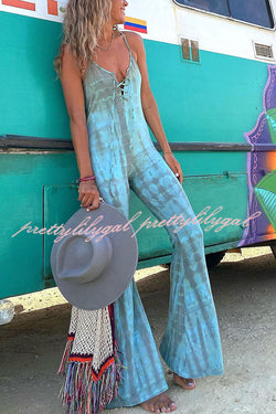 Amelie Tie-dye Print Front Lace-up Stretch Flare Jumpsuit