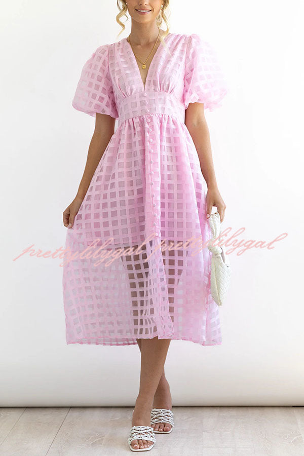 Remarkable Beauty Square Patterned Fabric Puff Sleeve Midi Dress