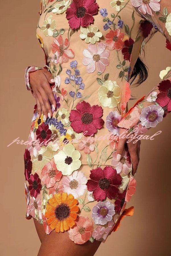 Elegantly Enchanted Floral Applique Backless Long Sleeve Mini Dress