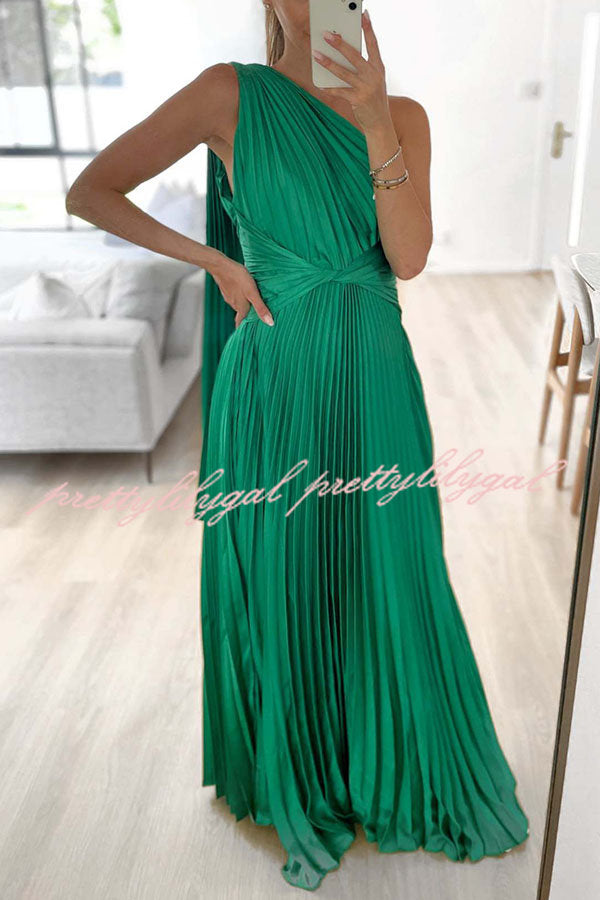 Keira One Shoulder Pleated Satin Maxi Dress