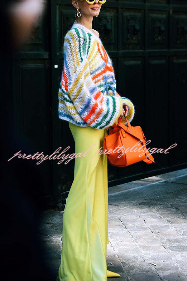 Sunset Cosy Knit Rainbow Contrast Striped Hollow Out Loose Sweater