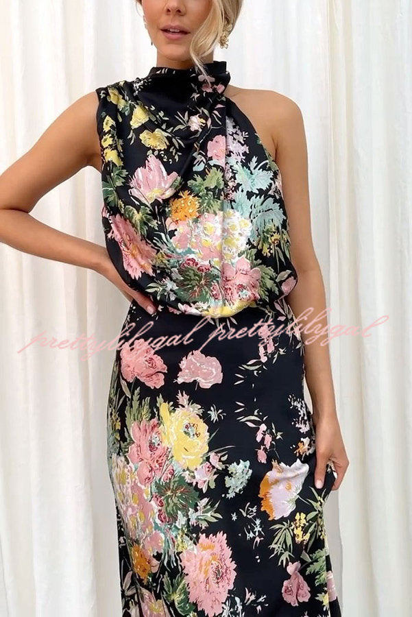 Wine Country Dates Floral Halter Neck Elastic Waist Maxi Dress