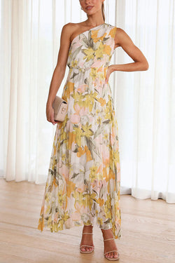 Saw An Angel Floral One Shoulder Elastic Waist Pleated Maxi Dress