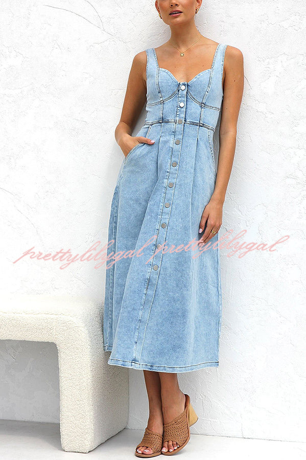 Spring Fling Washed Denim Button Pocket Back Smocked Midi Dress