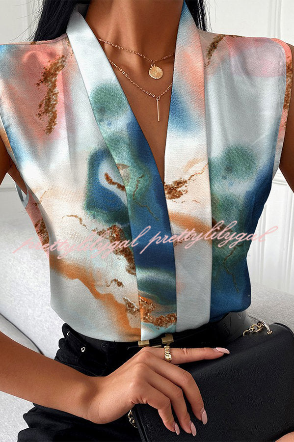 Marble / Abstract Print V-Neck Casual Top