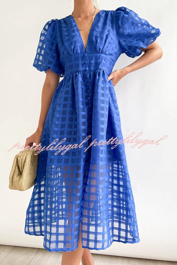 Remarkable Beauty Square Patterned Fabric Puff Sleeve Midi Dress