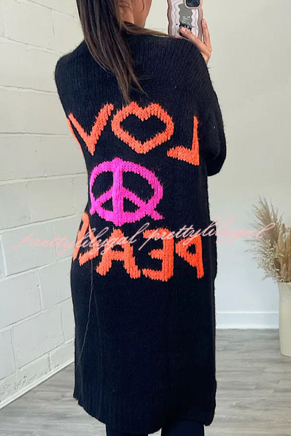 Neon Love Peace Chunky Knit Pocket Straight Midi Cardigan