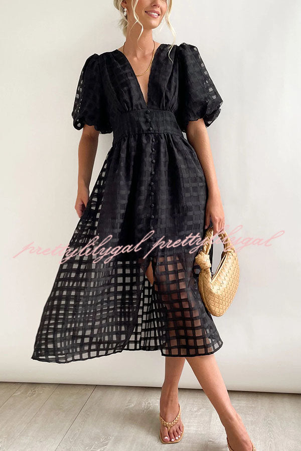 Remarkable Beauty Square Patterned Fabric Puff Sleeve Midi Dress