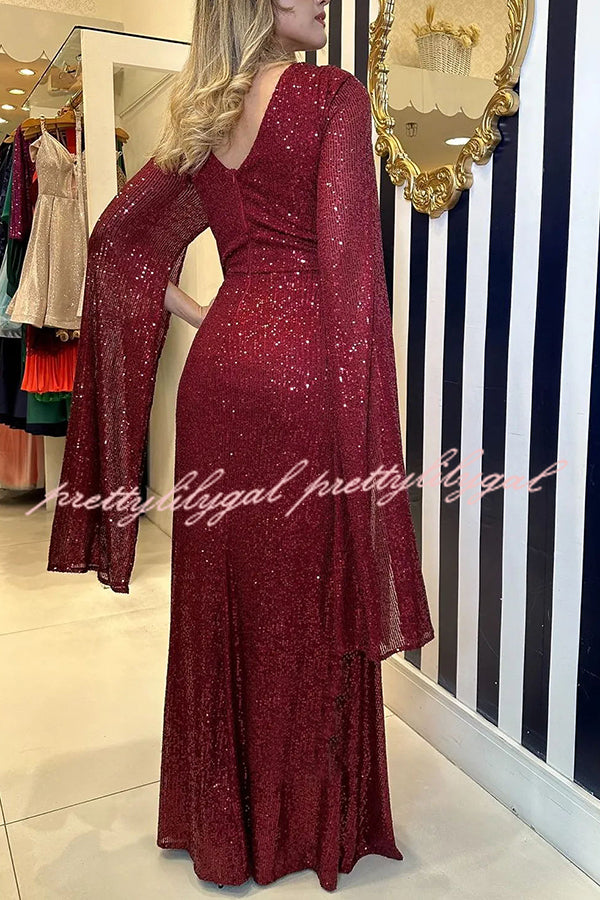 Shine Brighter Sequin Cape Sleeve Cross Waist Evening Maxi Dress