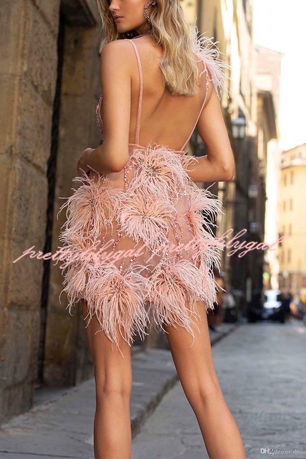 Feather Sling Deep V Neck Party Dress