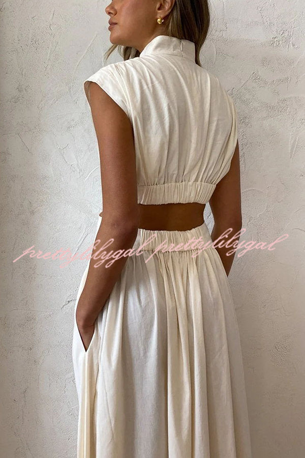 On Vacay Mode Cotton Blend Cutout Elastic Waist Pocketed Maxi Dress