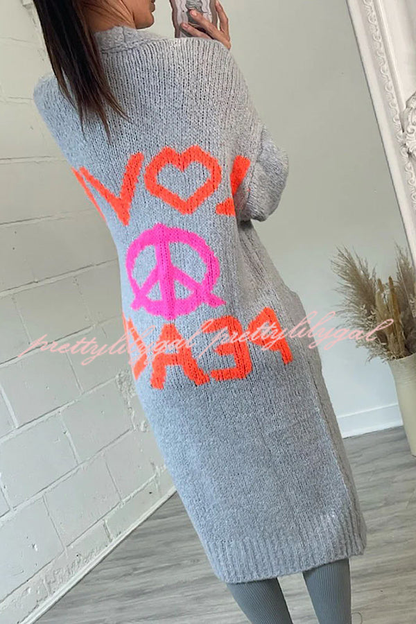 Neon Love Peace Chunky Knit Pocket Straight Midi Cardigan