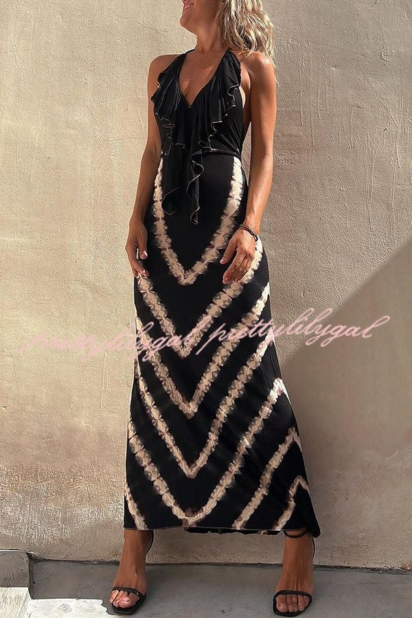 Kyra Ruffle Halter Neck Lace-up Waist Tie-dye Print Maxi Dress