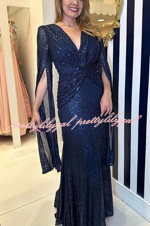 Shine Brighter Sequin Cape Sleeve Cross Waist Evening Maxi Dress