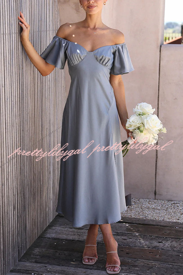 Pure Love Satin Butterfly Sleeve Slit Midi Dress