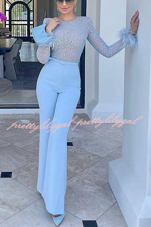 Ready for Vegas Feather Detail Trim Sequin Jumpsuit