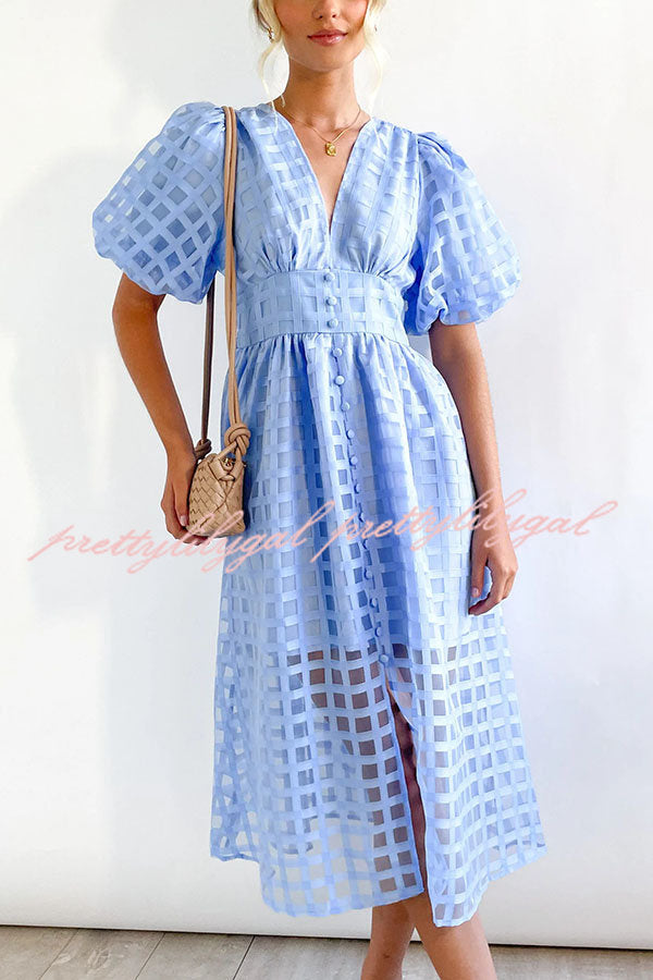 Remarkable Beauty Square Patterned Fabric Puff Sleeve Midi Dress