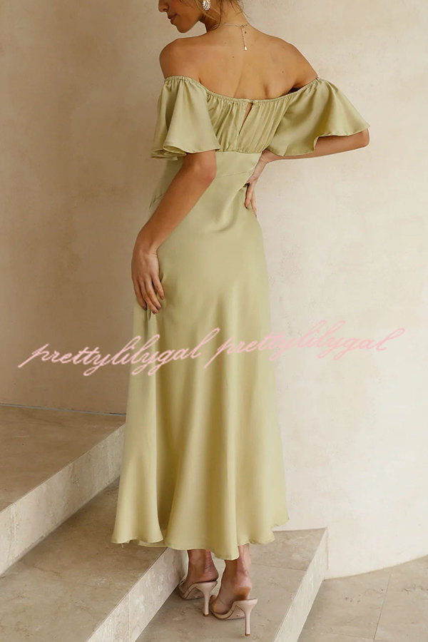 Pure Love Satin Butterfly Sleeve Slit Midi Dress