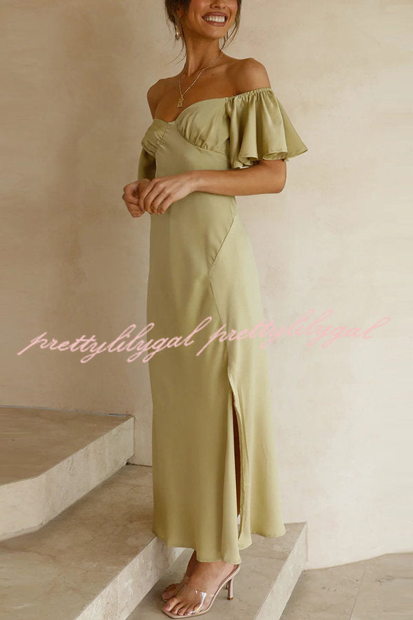 Pure Love Satin Butterfly Sleeve Slit Midi Dress