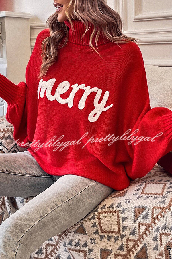 Happy Holidays Contrast Love Letter Turtle Neck Bat Sleeve Sweater