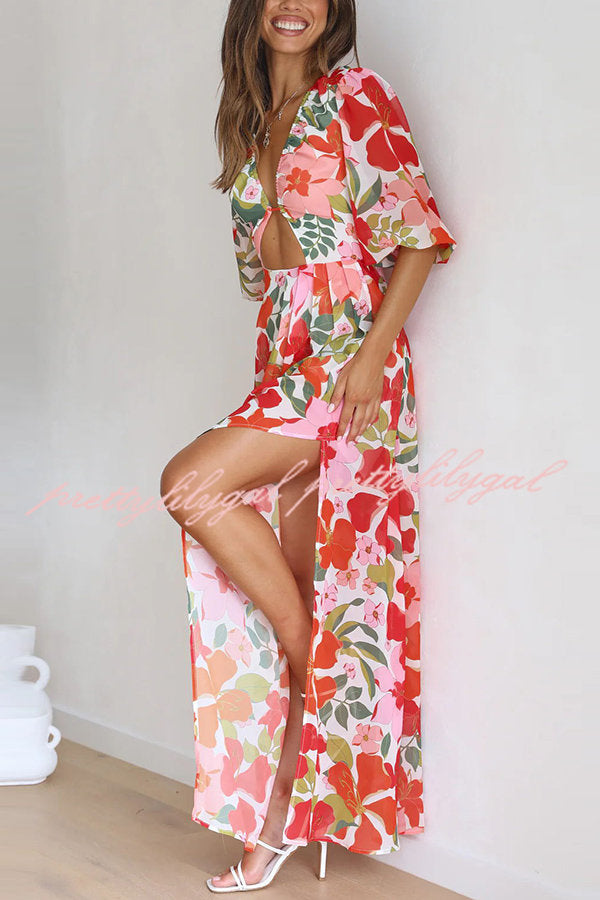 Del Mare Floral Puff Sleeve Front Cutout High Low Maxi Dress