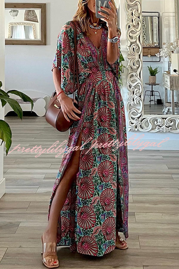 Bohemian Ways Batwing Sleeve Slit Maxi Dress