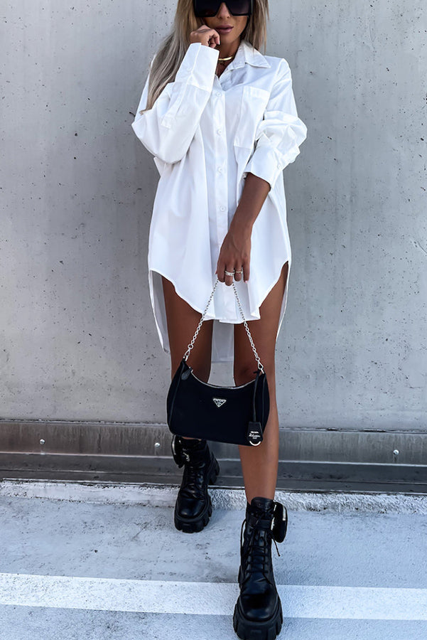 Never Easy Black/White Pocketed Shirt Dress