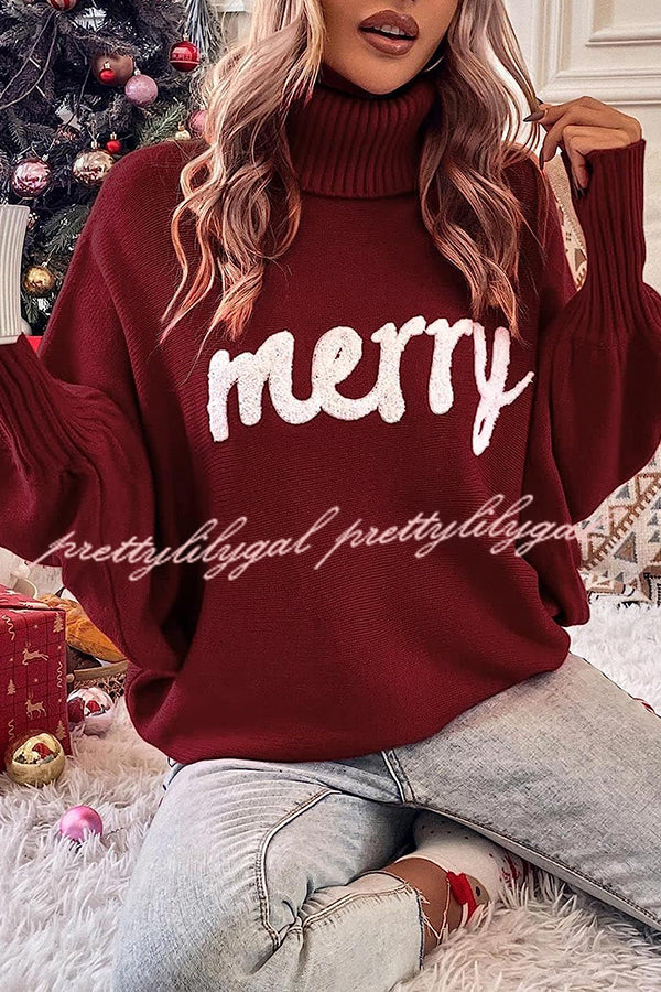 Happy Holidays Contrast Love Letter Turtle Neck Bat Sleeve Sweater