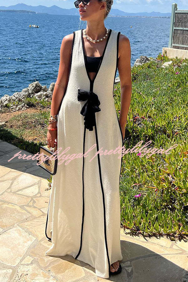 Boat Date Knit Contrast Self Tie Flowy Oversized Maxi Dress