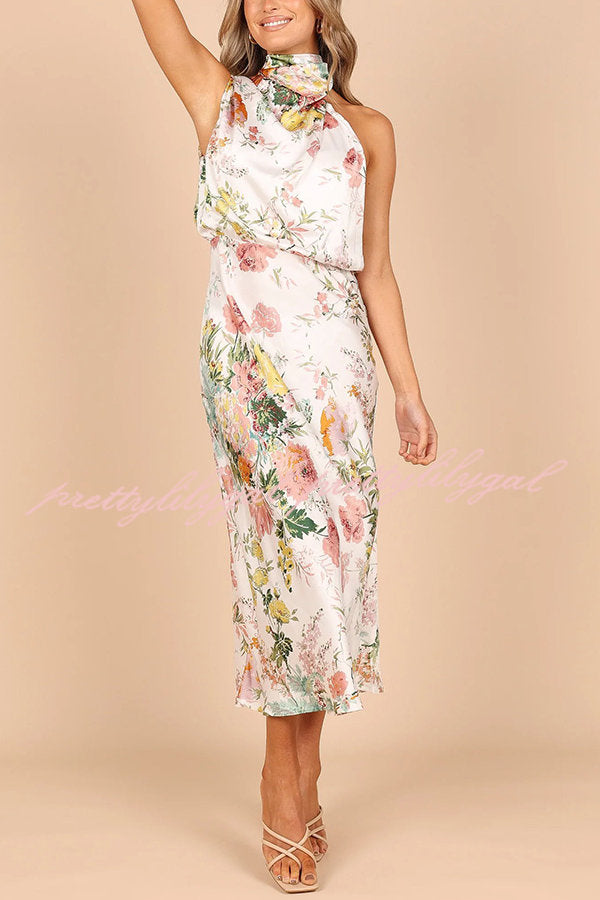 Wine Country Dates Floral Halter Neck Elastic Waist Maxi Dress