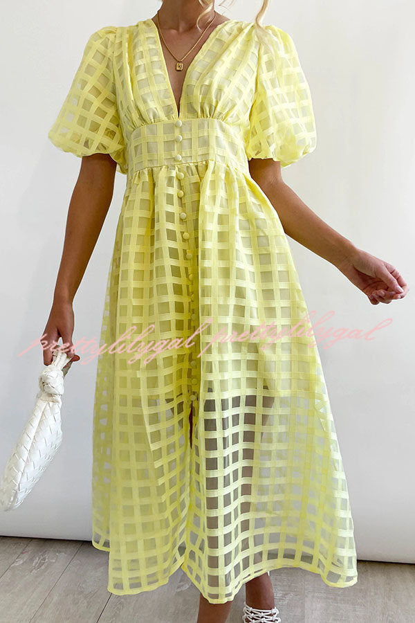 Remarkable Beauty Square Patterned Fabric Puff Sleeve Midi Dress